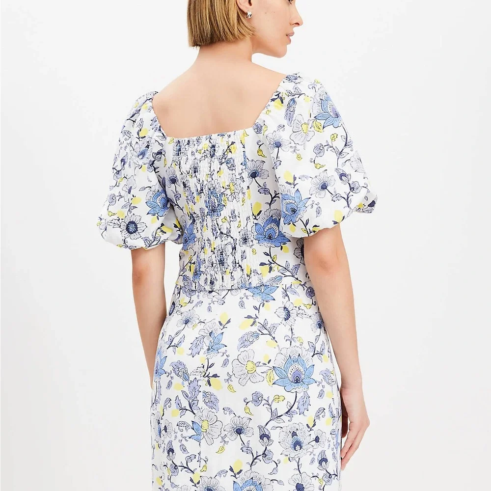 Loft linen Floral puff sleeve‎ blouse square neck spring feminine smocked